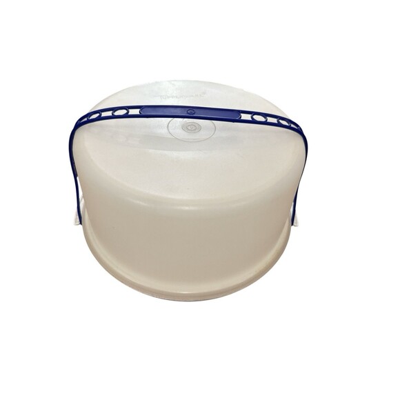 Tupperware Vintage 12" Round Cake Carrier Holder Blue Handle Clear White Lid EUC - Picture 1 of 9